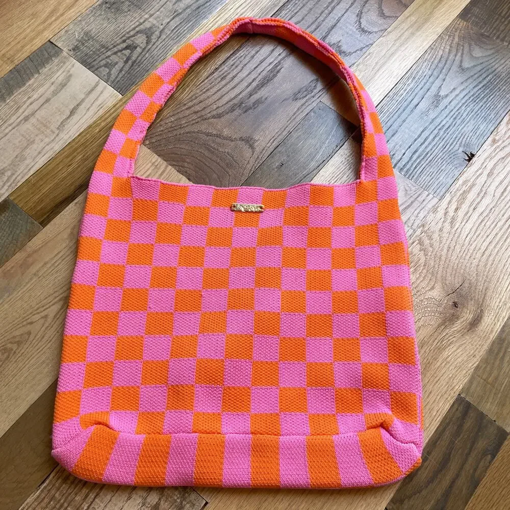 Kopari Pink Orange Checkerboard Knit Shoulder Tote Bag Hobo NWOT